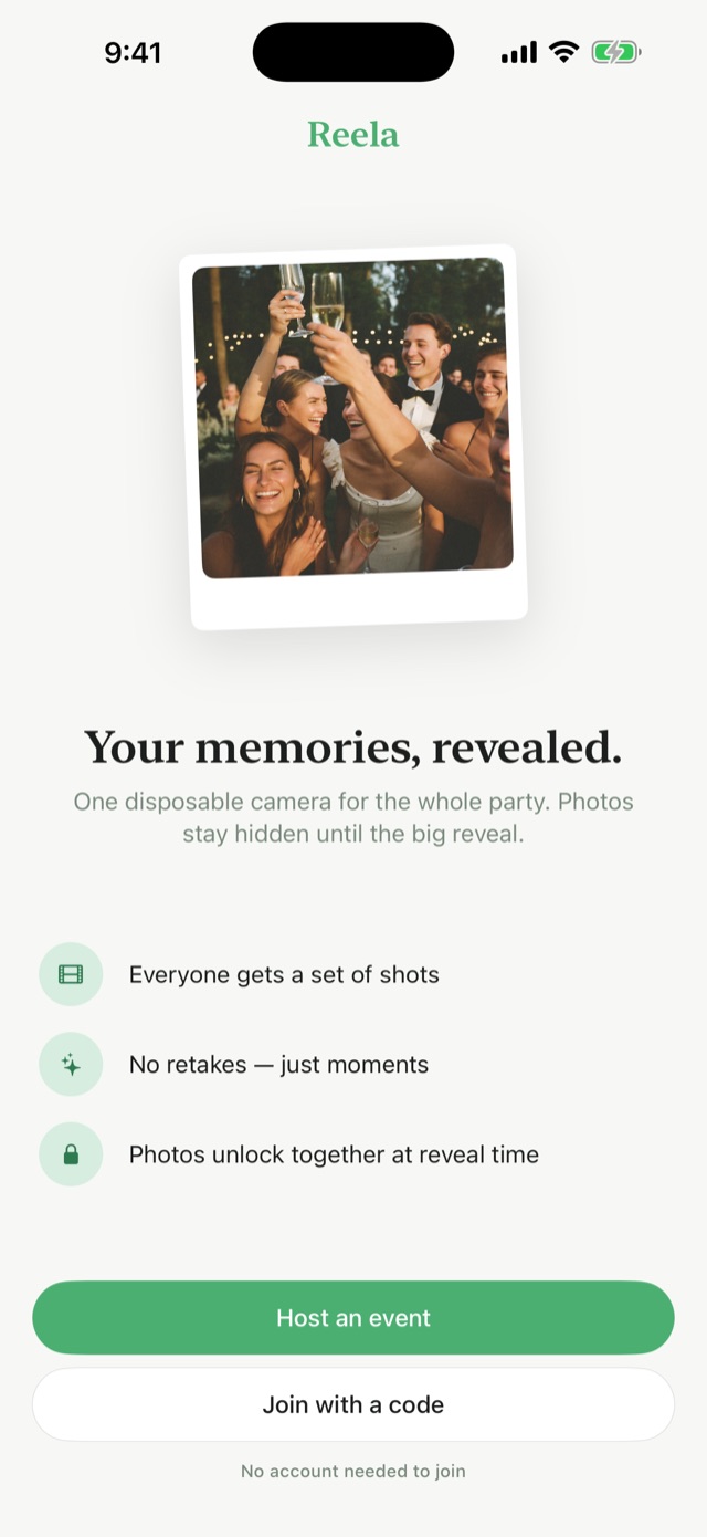 Reela welcome screen: one disposable camera for the whole party, photos stay hidden until the big reveal
