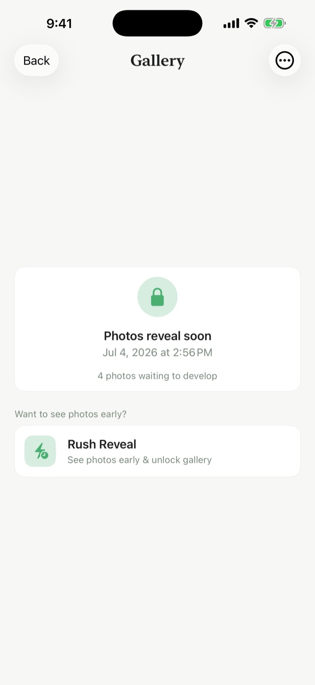 Locked Reela gallery: 4 photos waiting to develop until the reveal, with the Rush Reveal option