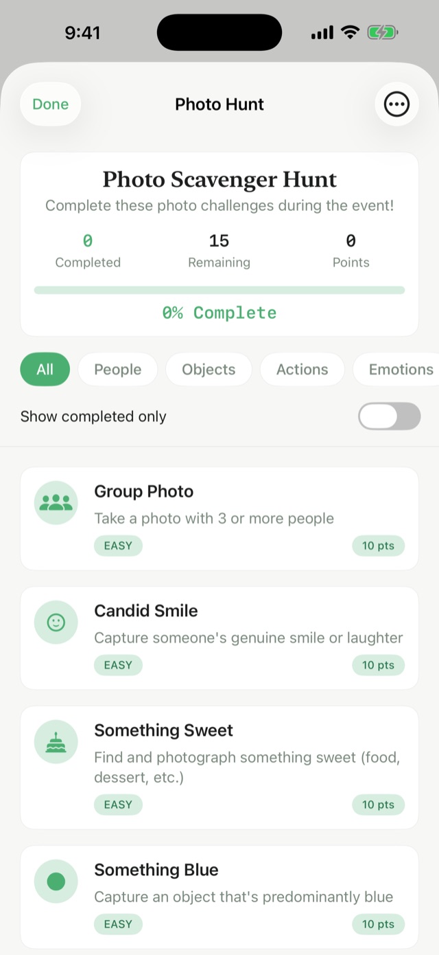 Reela Photo Scavenger Hunt screen listing photo challenges with difficulty and points