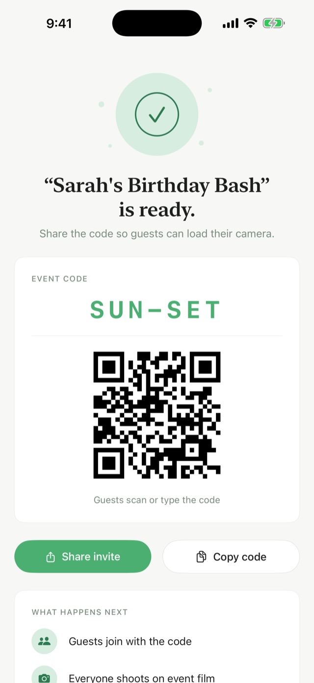 Event created in Reela: event code SUN-SET with a QR code guests can scan or type